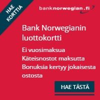 Bank Norwegian luottokortti on vuosimaksuton, vakuudeton ja takaukseton.
