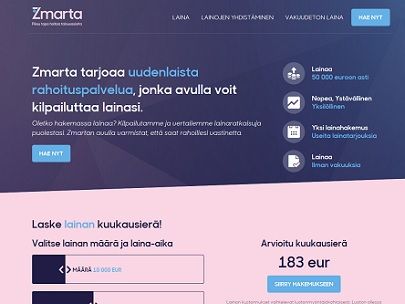 Zmartalla saat lainan kun lainan 60.000 euroon saakka heti! Zmarta on uudenlainen ketterä välityspalvelu.