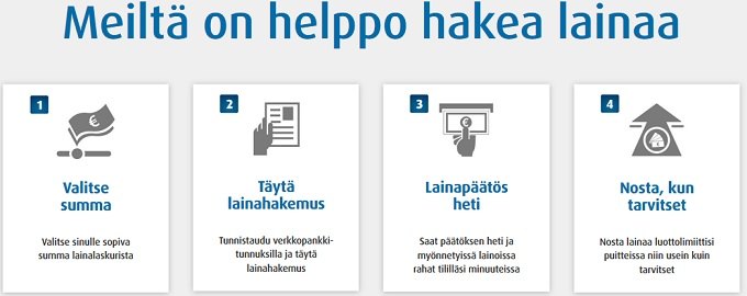 Ferratum tarjoaa todellakin helpon ja joustavan lainan netissä. Valitse summa, täytä hakemus, saat päätöksen ja voit nostaa rahaa heti koska vaan!