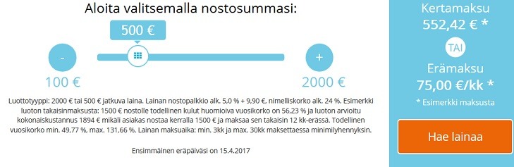 Valitse ensin sopiva summa ja pidä silmällä oikealla näkyviä kululaskelmia. Tämän jälkeen voit jatkaa hakemuksessa eteenpäin. Vippi.fi:n lainalaskuri näyttää lainan kustannukset.
