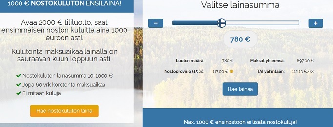 Hae Suomilimiitiltä lainaa noin kahdessa minuutissa. Muistathan, että 1000 euron ensinosto on aina kuluton! Valitse ensin lainasumma ja muista, että 1000 euroon asti se on koroton.